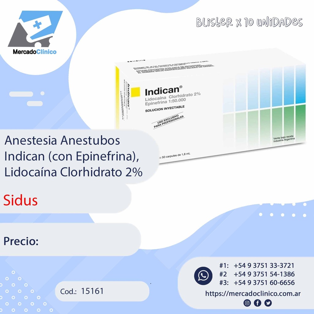 Anestesia Anestubos Indican (con Epinefrina), Lidocaína Clorhidrato 2% - SIDUS