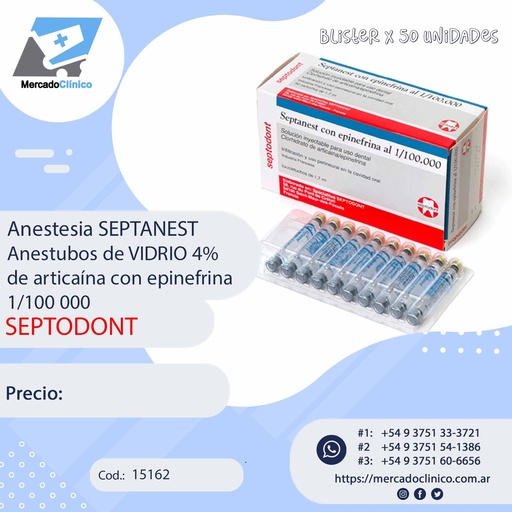 Anestesia Anestubos DE VIDRIO 4% de articaína con epinefrina 1/100 000 - SEPTANEST - blister X 50 unidades - SEPTODONT
