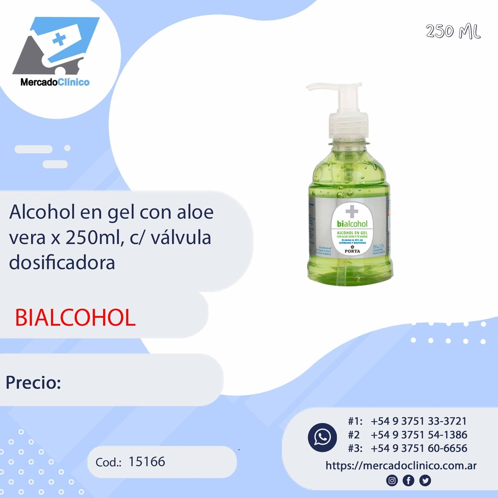 Alcohol en gel con aloe vera x 250ml, c/ válvula  dosificadora - BIALCOHOL - Porta