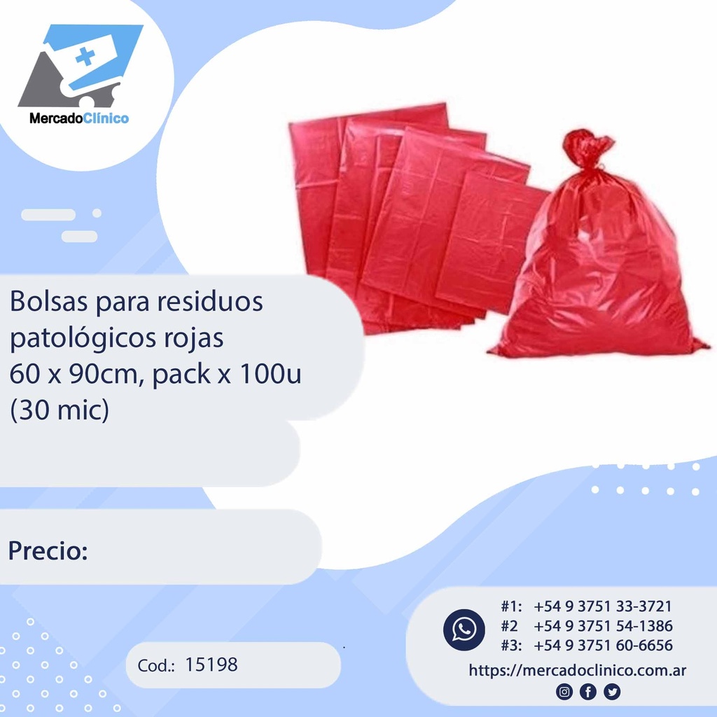 Bolsas para residuos  patológicos rojas  60 x 90cm, pack x 100u (30 mic)
