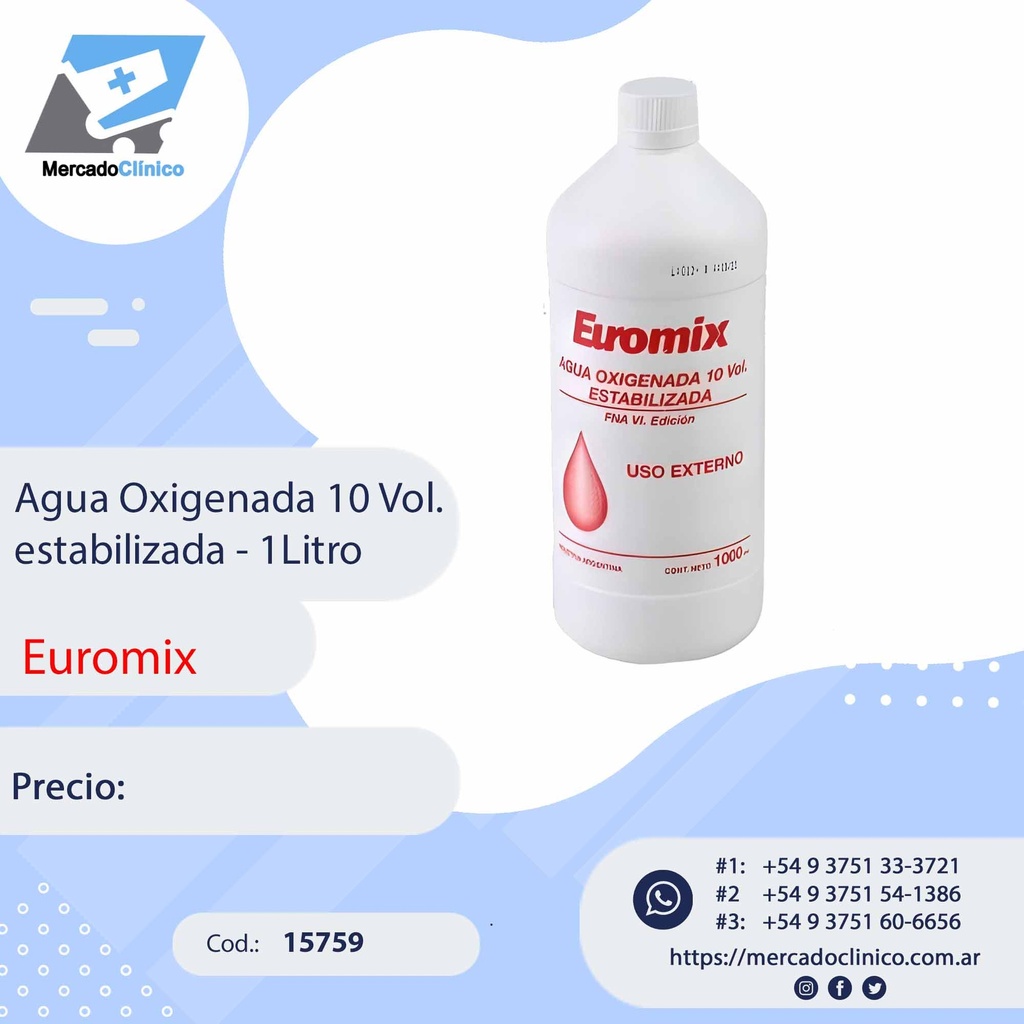 Agua Oxigenada 10 Vol. estabilizada - 1Litro - Euromix