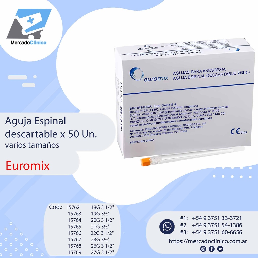 Aguja Espinal descartable x 50 Un - varios tamaños - Euromix