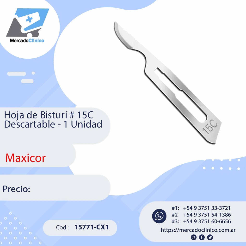 Hoja de Bisturi # 15C - descartable - 1 Unidad - MAXICOR
