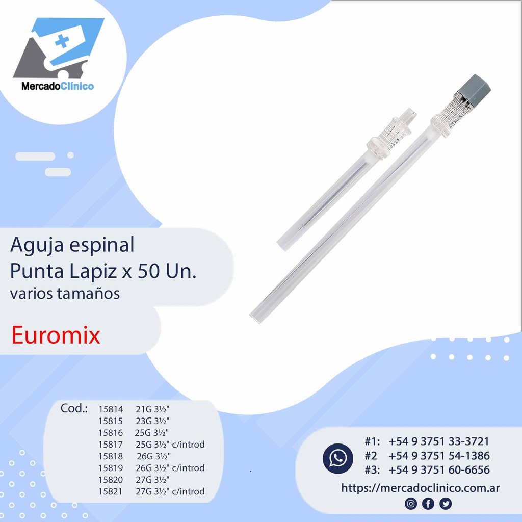 Aguja espinal Punta Lapiz z 50 Un - Dif. Tamaños - EUROMIX