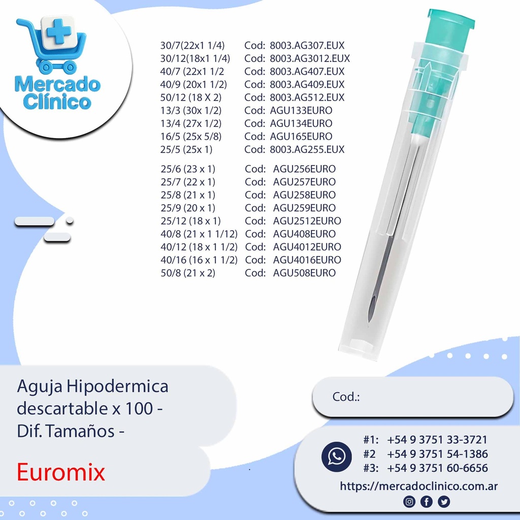Aguja Hipodermica descartable x 100 - Dif. Tamaños - EUROMIX