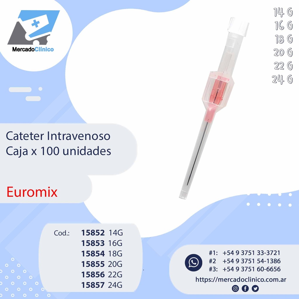 Cateter Intravenoso - 100 un - Dif. Tamaños - EUROMIX