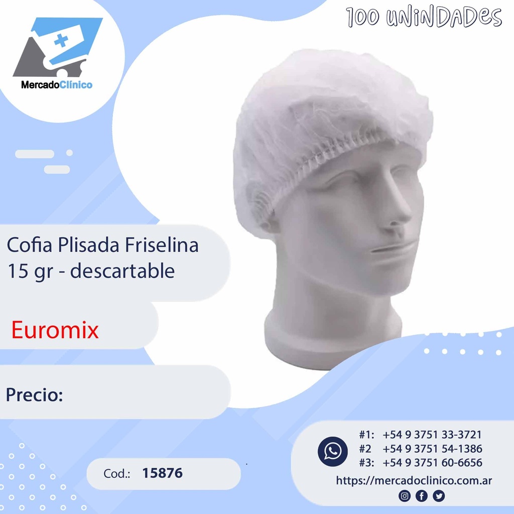 Cofia Plisada Friselina 15gr - 100UN- descartable - EUROMIX