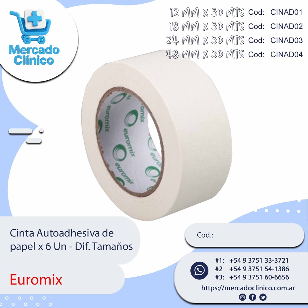 Cinta Autoadhesiva de papel x 6 Un - Dif. tamaños - EUROMIX