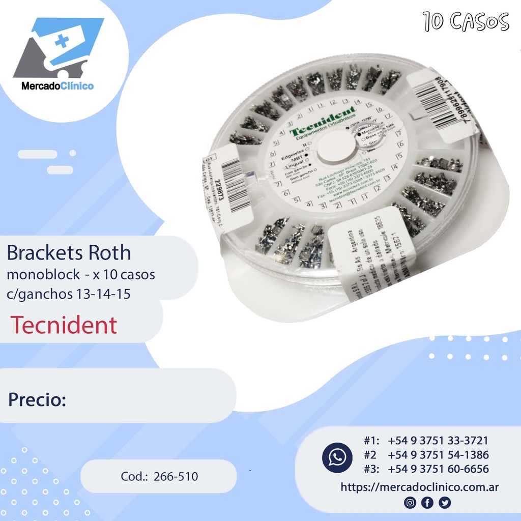 Brackets Roth Light 0,22 - Monoblock - rueda con 10 casos - Con gancho -    Tecnident - 266-510