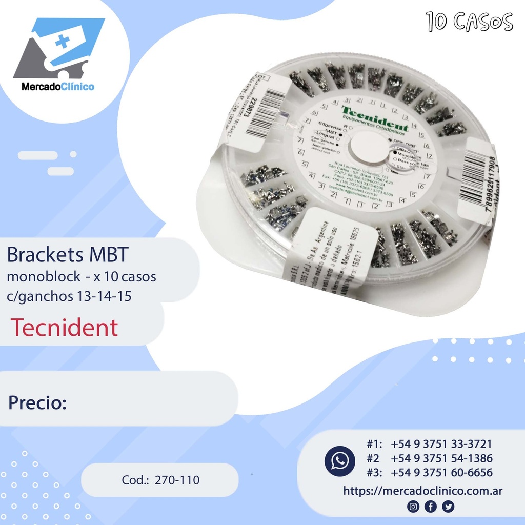 Brackets MBT 0,22 - Monoblock - rueda con 10 casos - Con gancho - 270-110 - Tecnident 