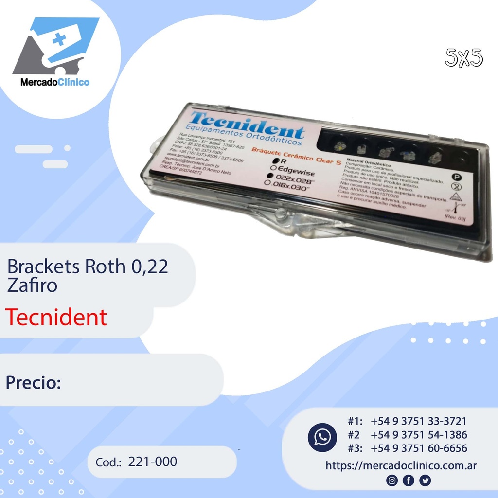 Brackets zafiro - Roth 0,22 - Clear Zafiro 5x5 - - 221-000 - Tecnident 
