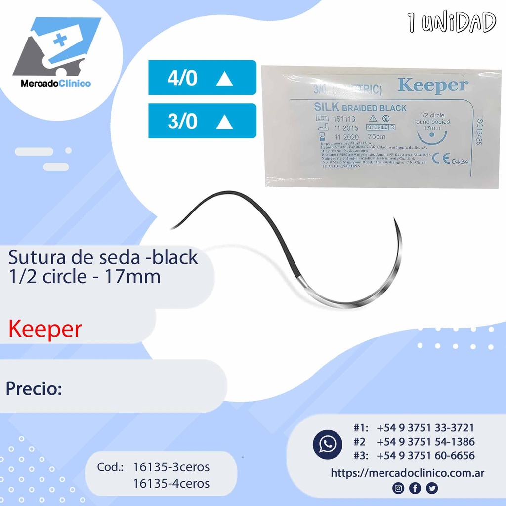 Suturas de seda - Black 1/2 circle 17mm - x1unidad- Keeper