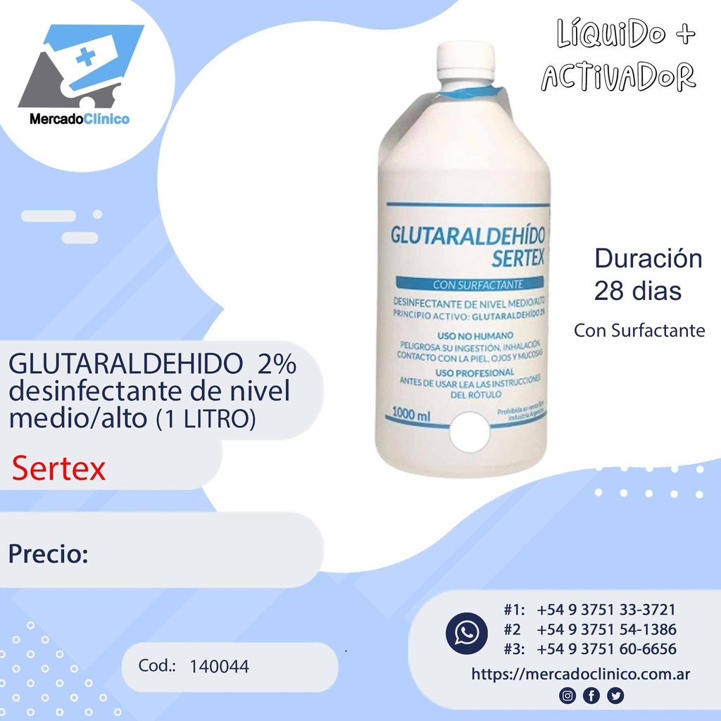 GLUTARALDEHIDO  2% desinfectante de nivel medio/alto (1 LITRO) - Sertex