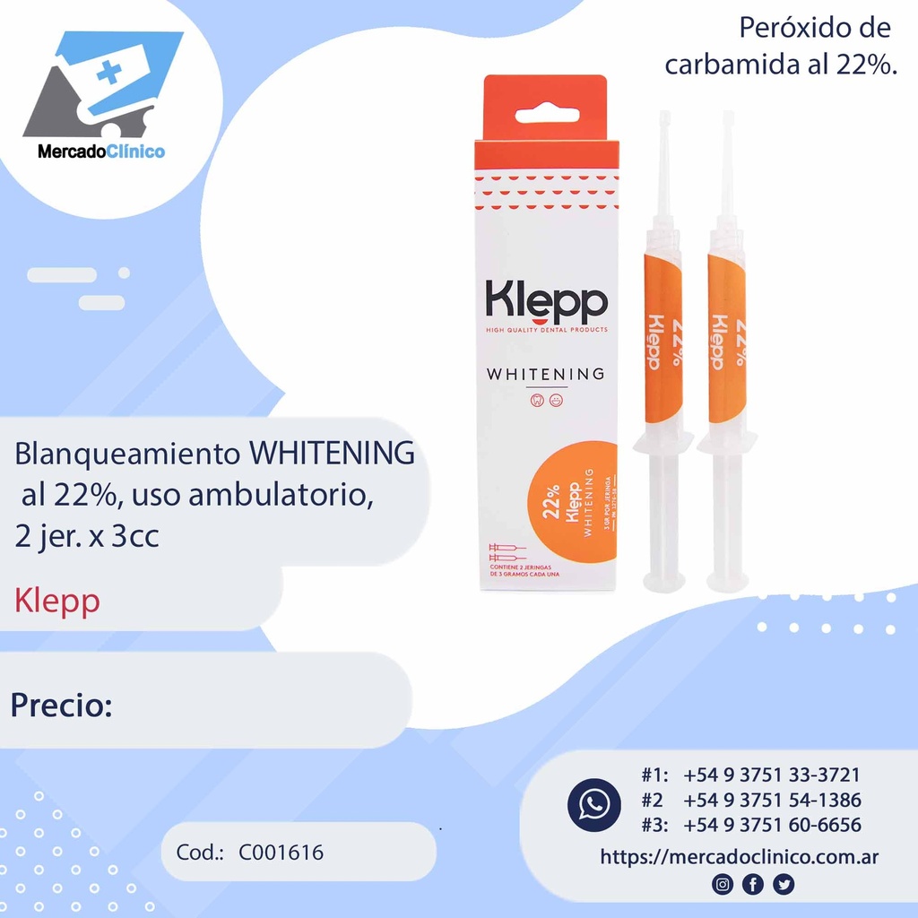 Blanqueamiento WHITENING al 22%, uso ambulatorio, 2 jer. x 3cc - Klepp