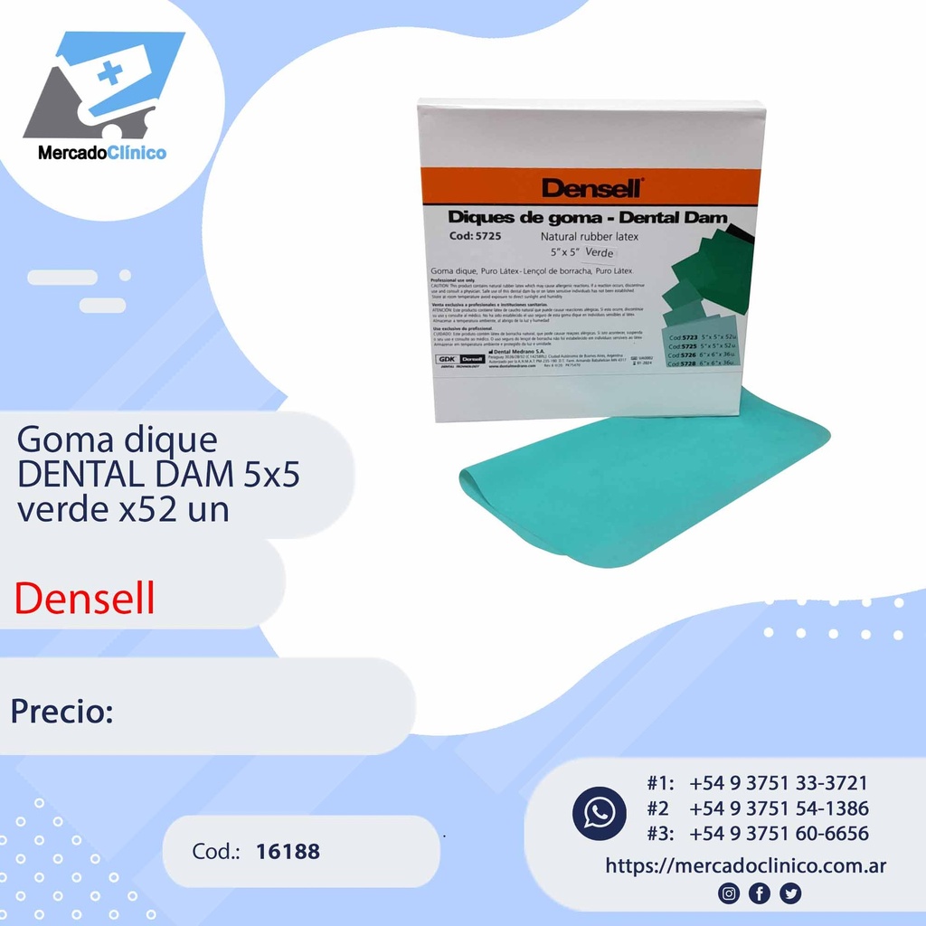Goma dique  DENTAL DAM 5x5  verde x52 un - DENSELL