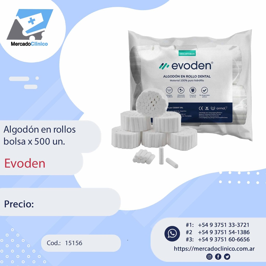 Algodón en rollo, bolsa x 500u - EVODEN