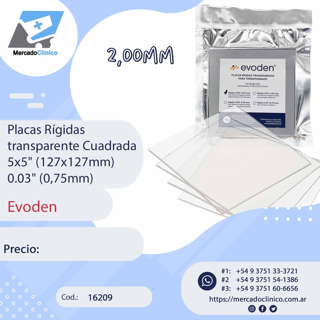 Placas / láminas  Rígidas transparente Cuadrada 5x5" (127x127mm)  0.08" (2mm) X 5 unidades - Evoden