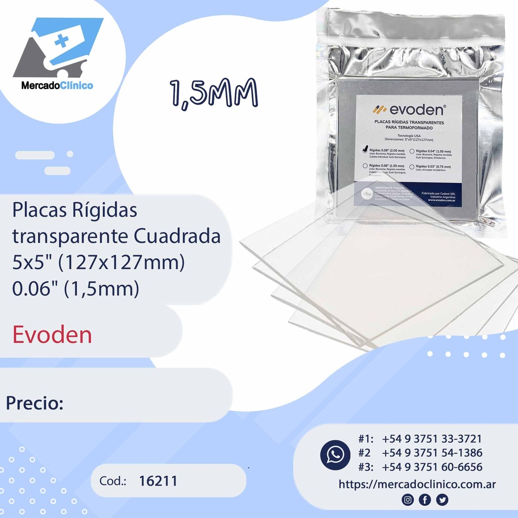 Placas / láminas  Rígidas transparente Cuadrada 5x5" (127x127mm) 0.06" (1,5mm) - Evoden