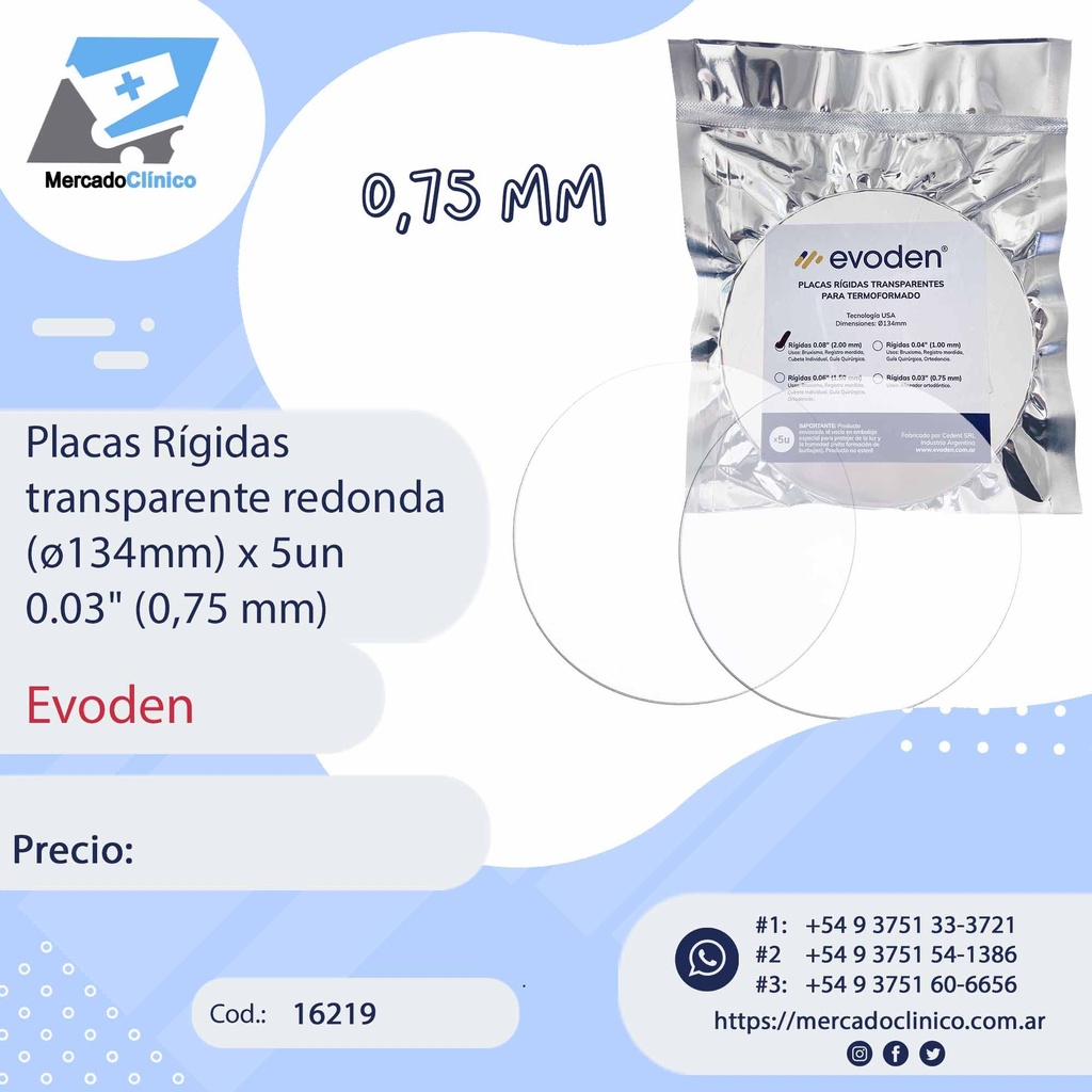Placas / láminas  Rígidas  transparente redonda (ø120mm) x 5un  0.03" (0,75 mm) - Evoden