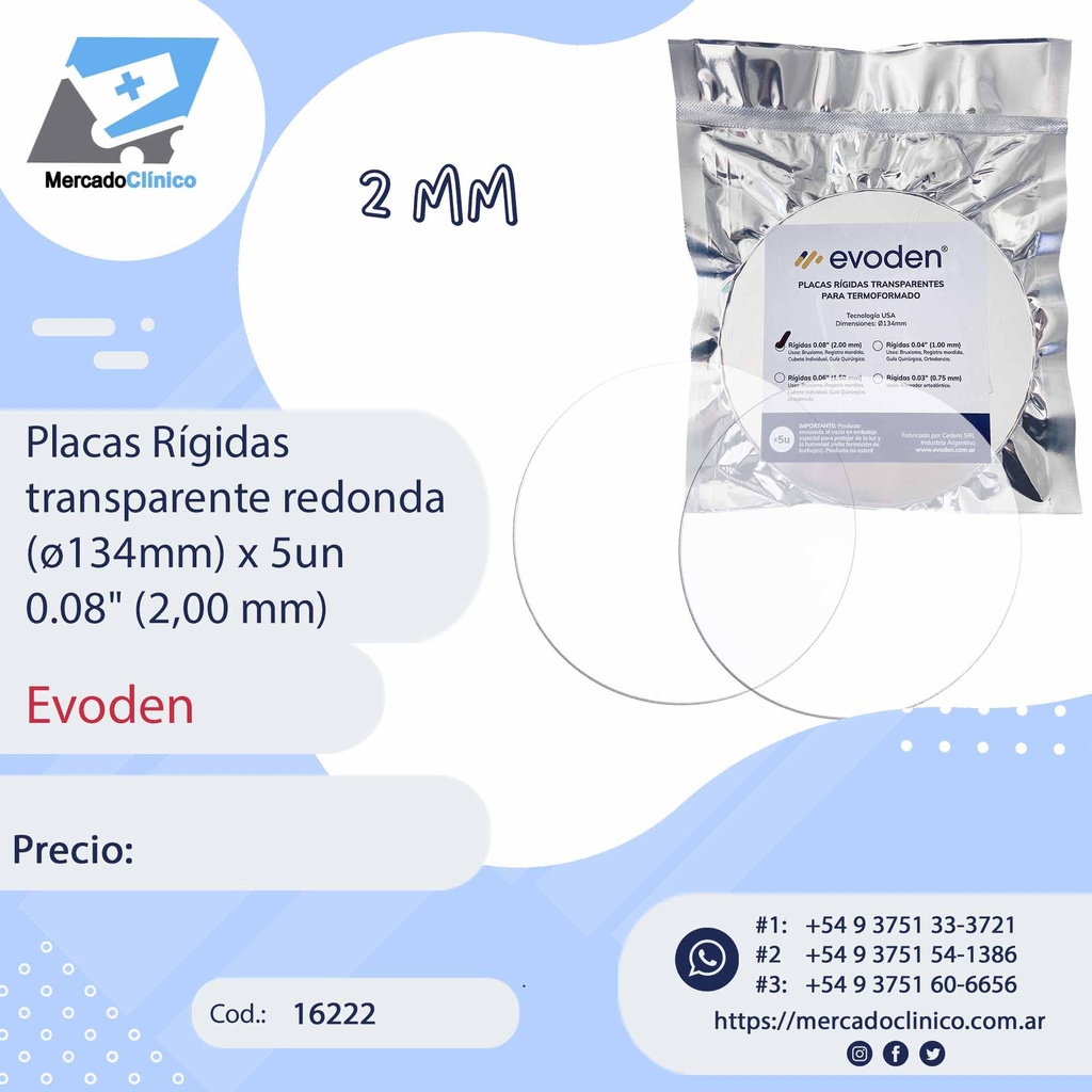 Placas / láminas  Rígidas transparente redonda (ø120mm) x 5un 0.08" (2 mm) - Evoden