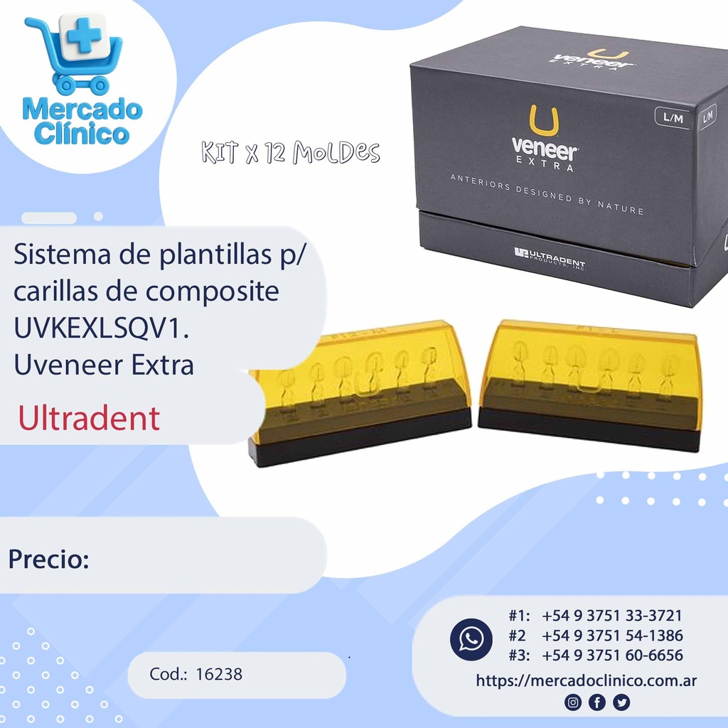 Sistema de plantillas para carillas de composite UVKEXLSQV1. KIT x 12 Moldes, Uveneer Extra. ULTRADENT