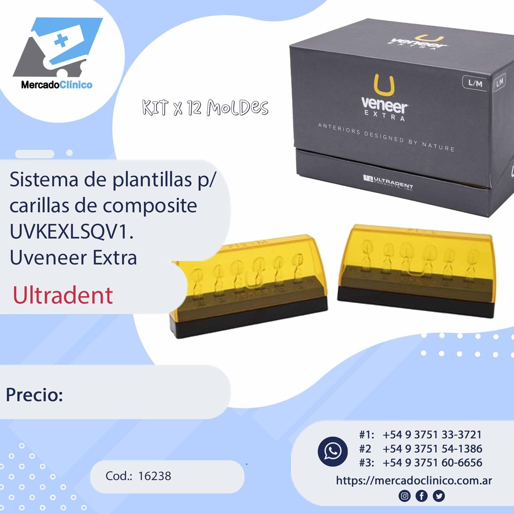 Sistema de plantillas para carillas de composite UVKEXLSQV1. KIT x 12 Moldes, Uveneer Extra. ULTRADENT