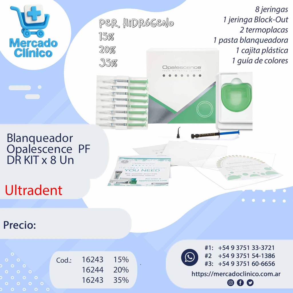 Blanqueador Opalescence PF Peróxido Hidrógeno - DR KIT x 8 Un - ULTRADENT