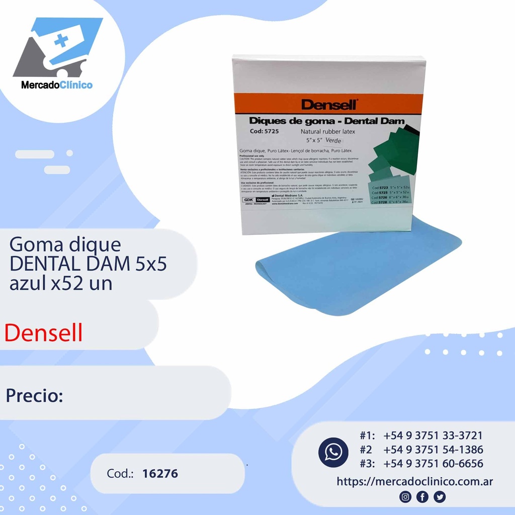 Goma dique DENTAL DAM 5x5 azul x52 un - DENSELL