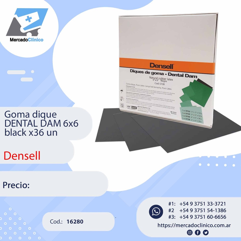 Goma dique dental dam 6X6 black 0.18MM X36 - DENSELL