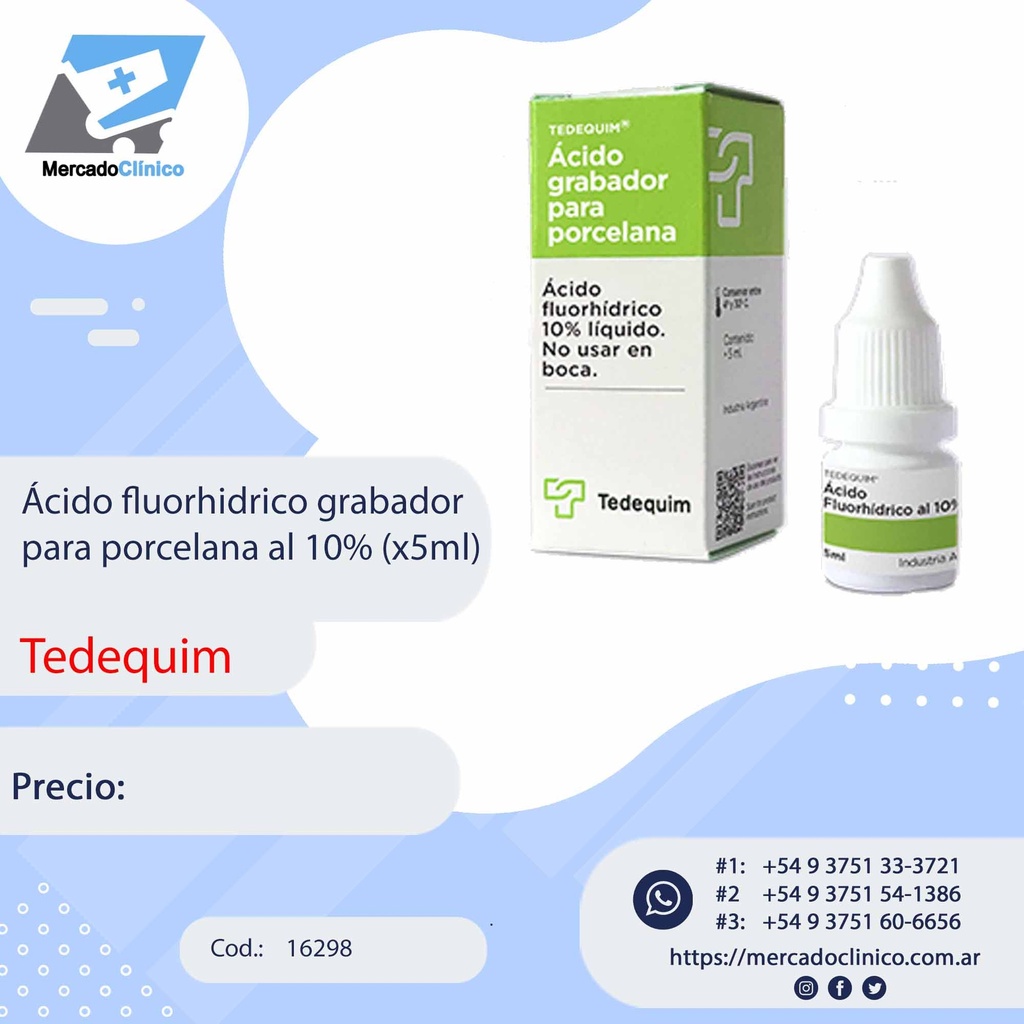 Ácido fluorhidrico grabador para porcelana al 10% (x5ml) LÍQUIDO - Tedequim