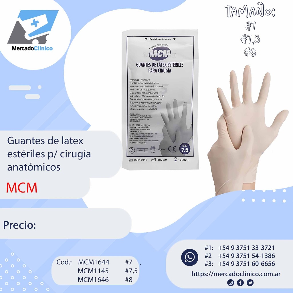 Guantes de latex  estériles p/ cirugía anatómicos - MCM