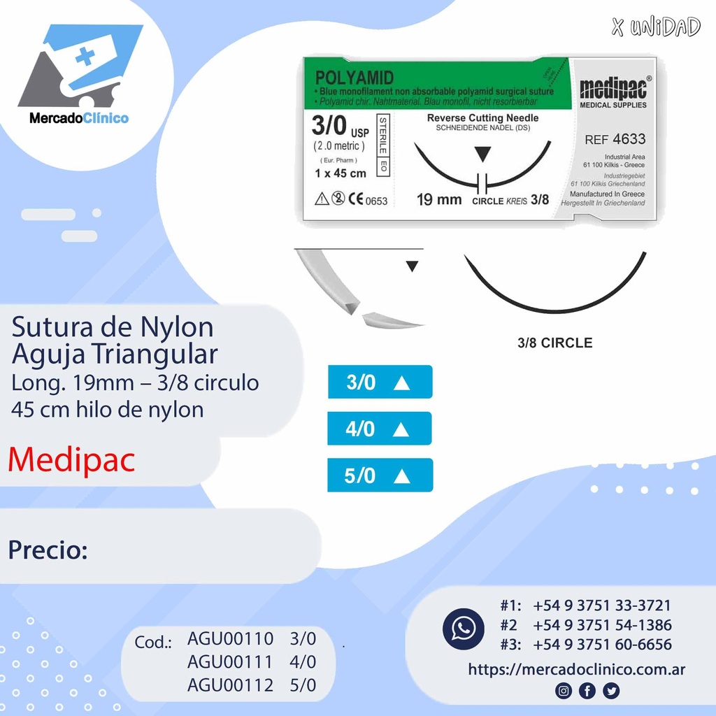 Sutura de Nylon - Aguja Triangular - 45 cm de hilo - Medipac