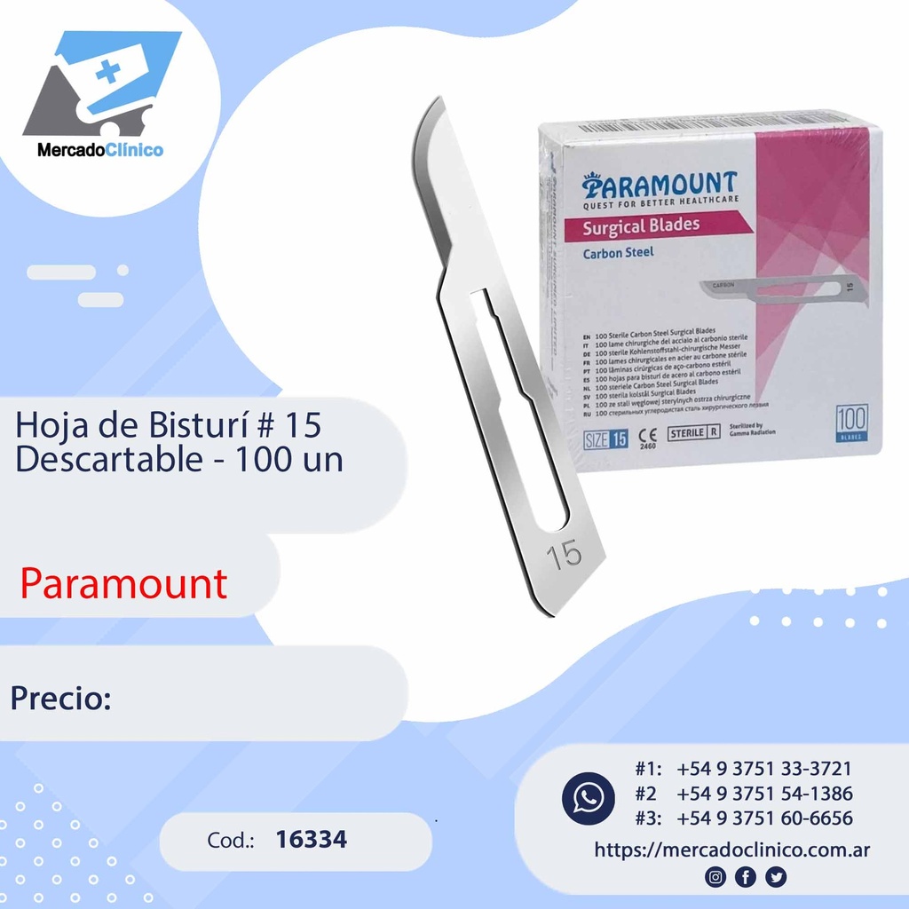 Hoja de Bisturí # 15 Descartable - 100 un - Paramount