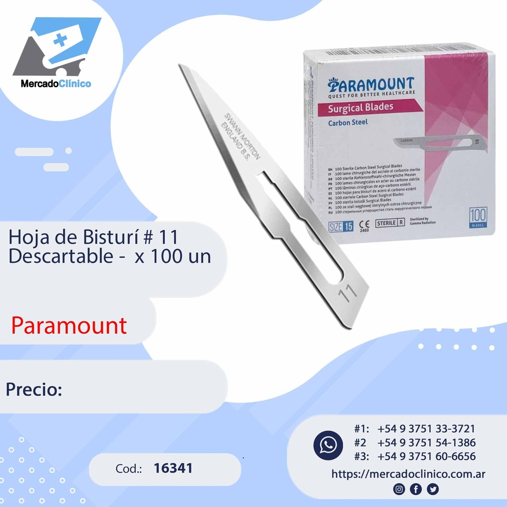 Hoja de Bisturí # 11 Descartable -  x 100 un - Paramount