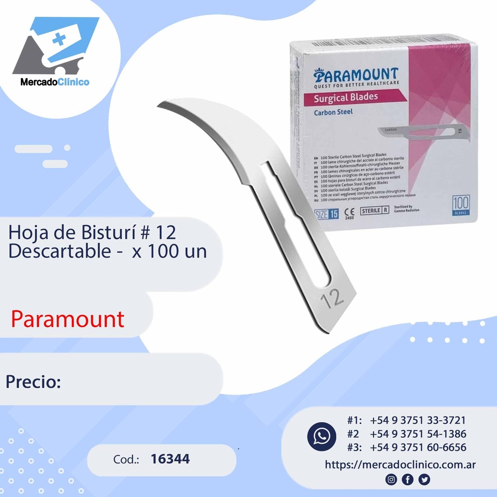 Hoja de Bisturí # 12 Descartable -  x 100 un - Paramount