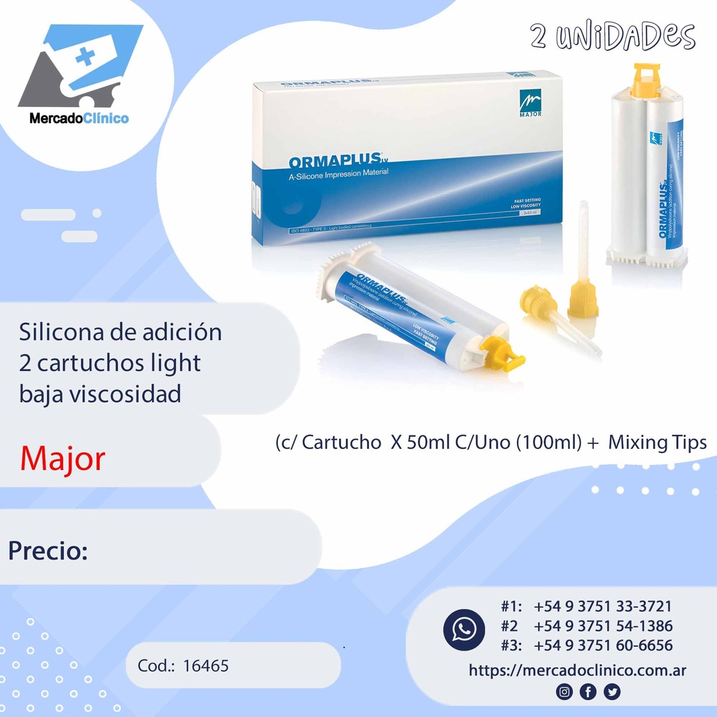 Silicona de adición 2 cartuchos light baja viscosidad - Major