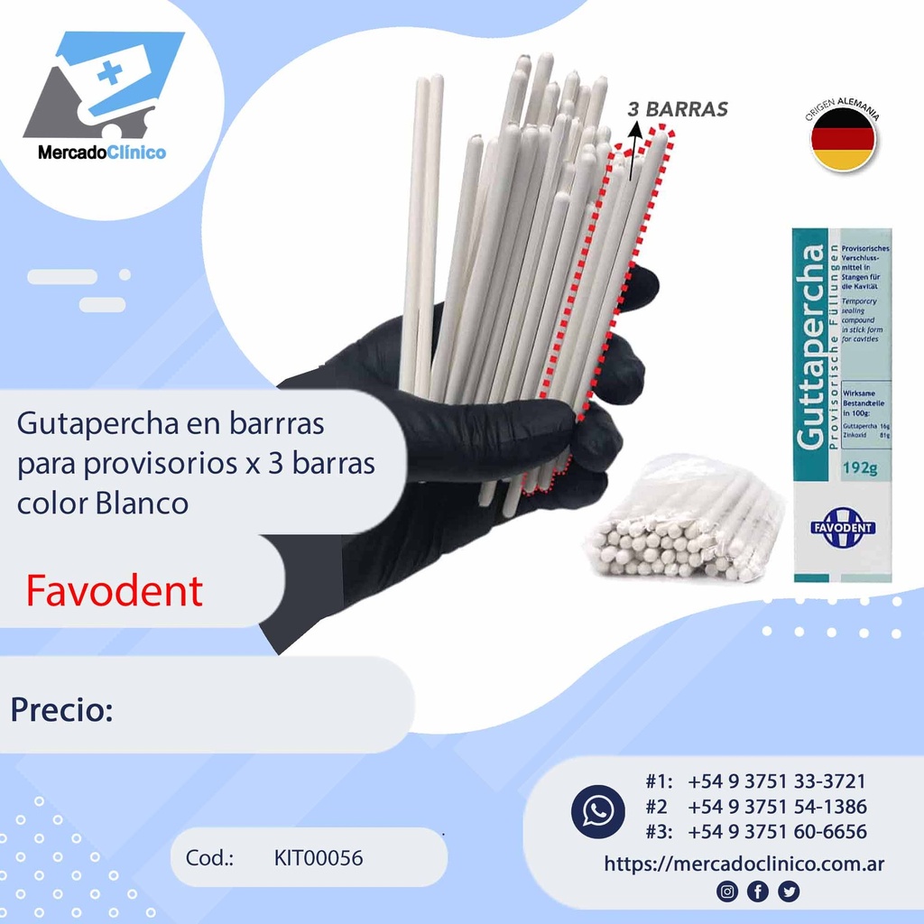 Gutapercha en barrras para provisorios x 3 barras color Blanco - Favodent