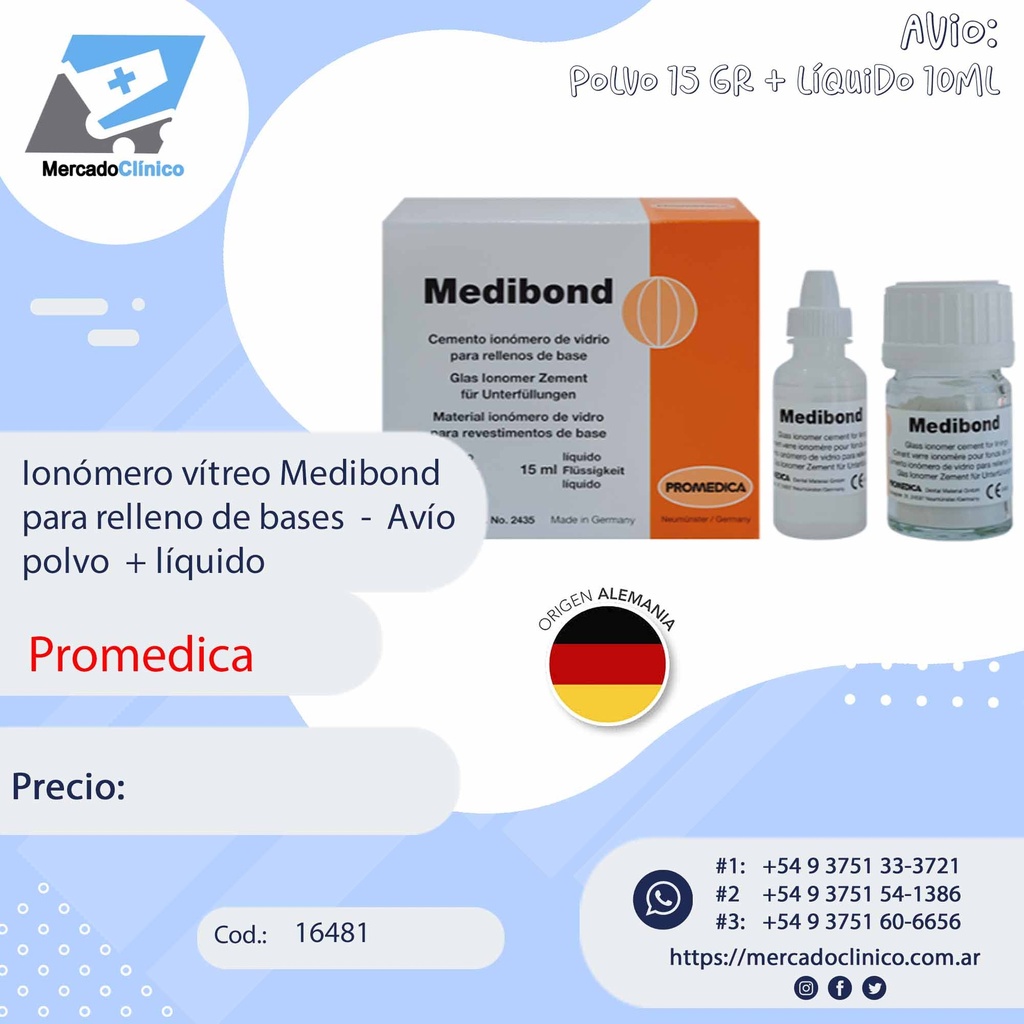 Ionómero vítreo Medibond  para relleno de bases  -  Avío  polvo  + líquido - PROMEDICA