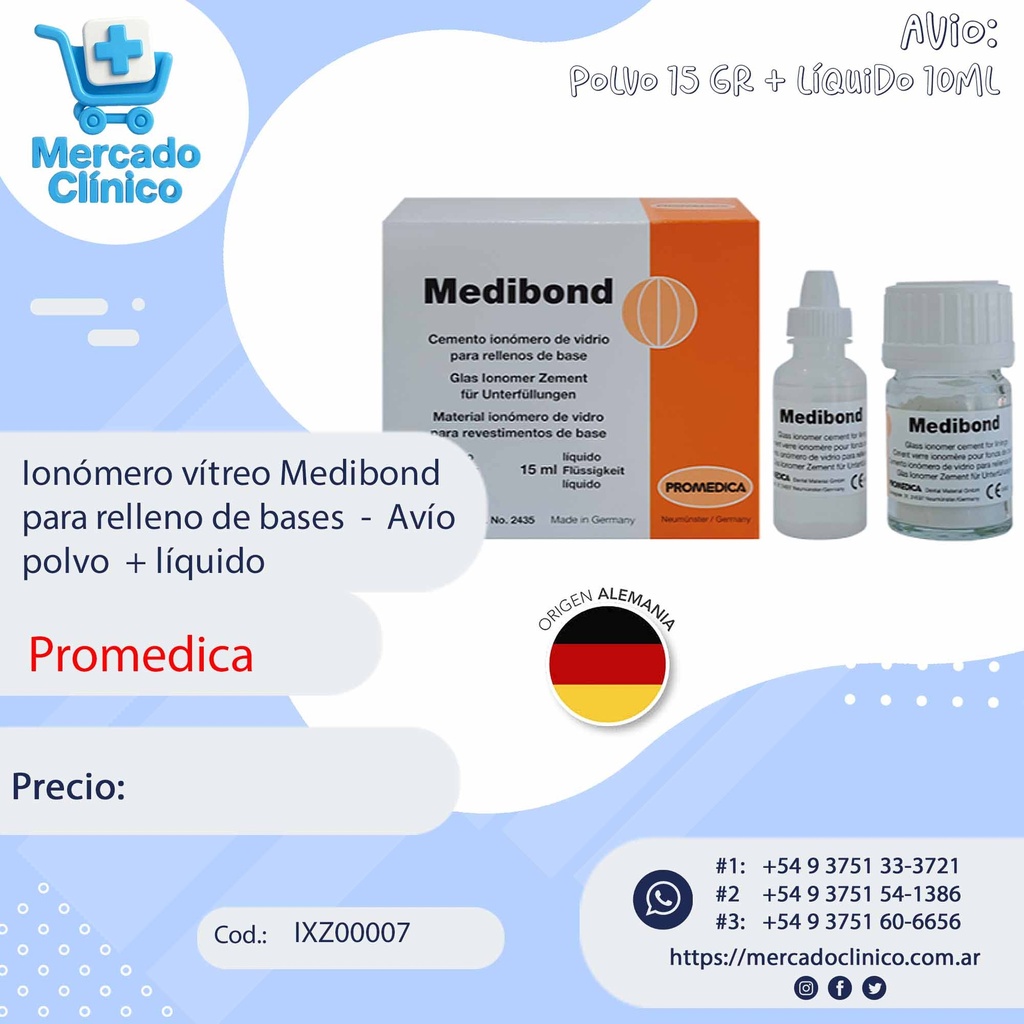 Ionómero vítreo Medibond  para relleno de bases  -  Avío  polvo  + líquido - PROMEDICA