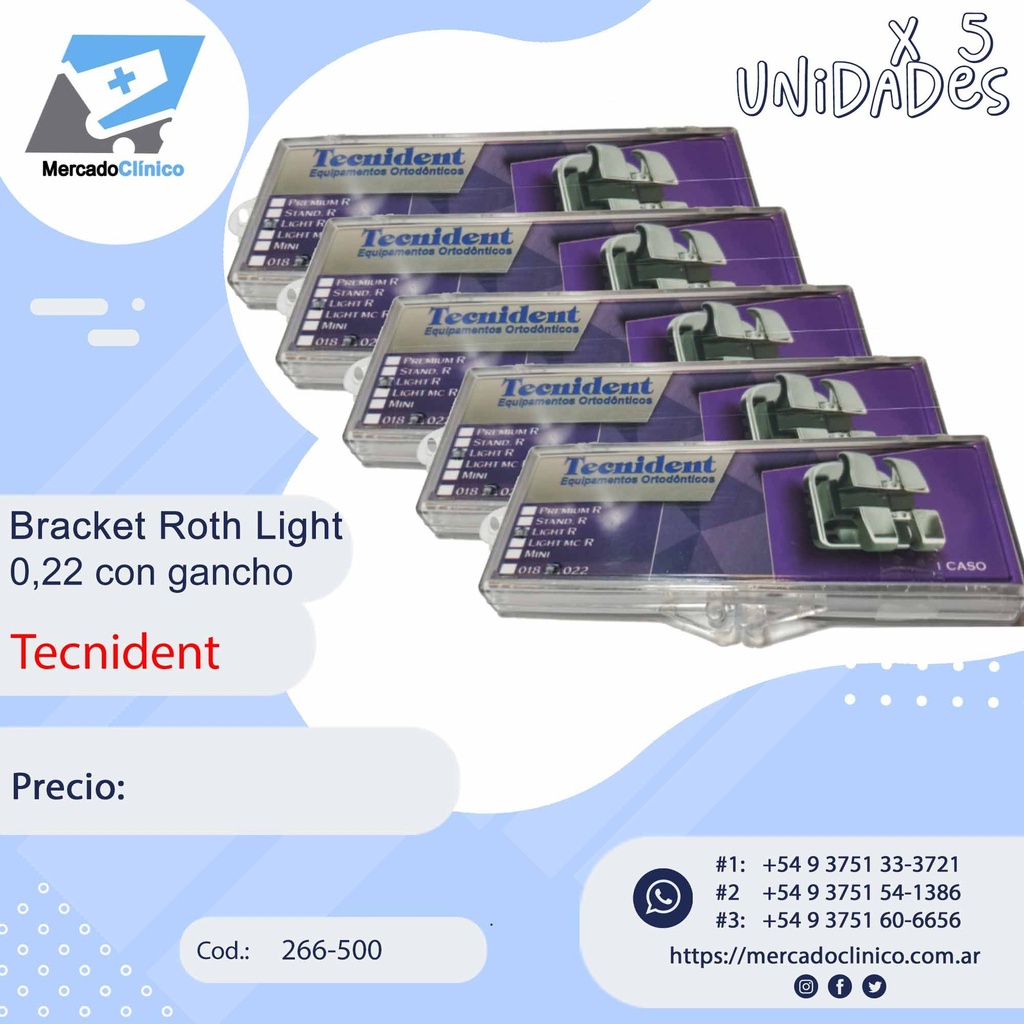 Brackets Roth Light 0,22 - Monoblock - x 5 CASOS - 266-500x5 - Tecnident