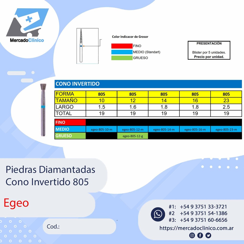 Piedras Diamantadas Cono Invertido 805 - X 5 UNIDADES - Egeo /  Smdent