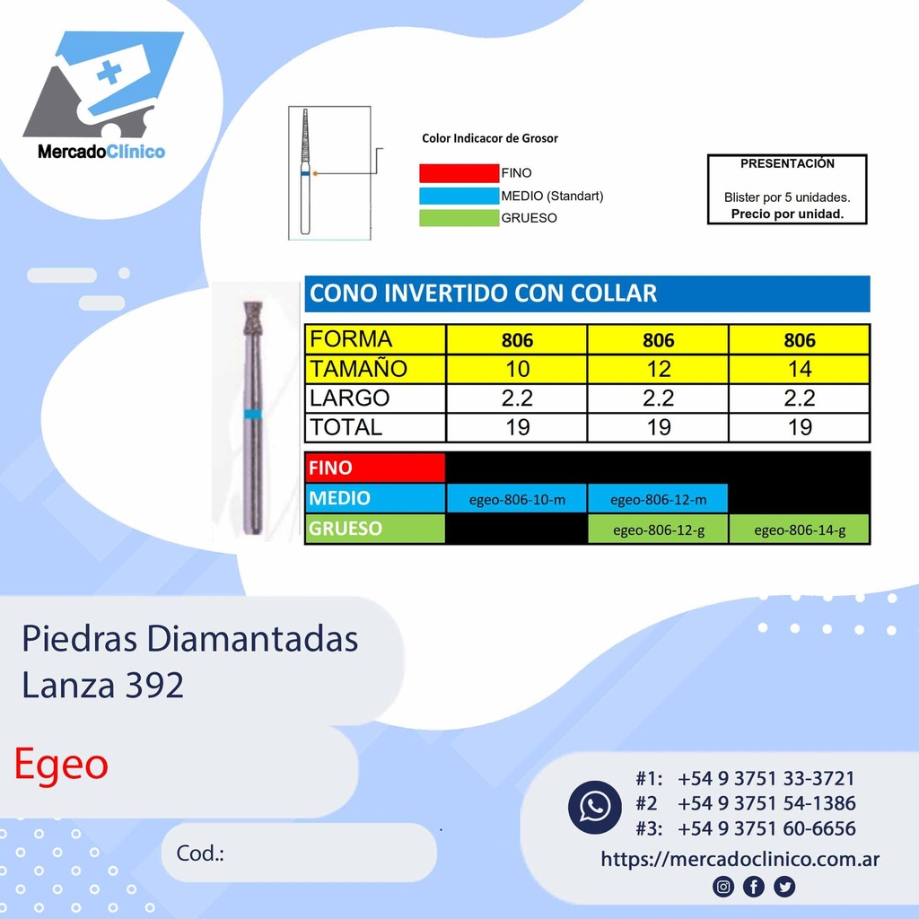 Piedras Diamantadas Cono Invertido con collar 806 - X 5 UNIDADES - Egeo /  Smdent