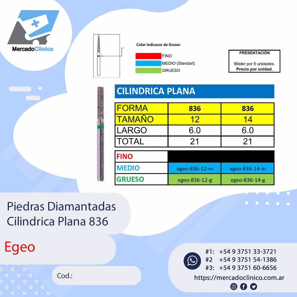 Piedras Diamantadas Cilíndrica plana 836 - Egeo /  Smdent