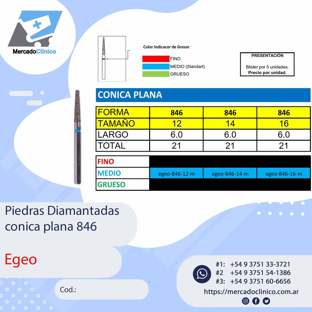 Piedras Diamantadas Cónica Plana 846 - X 5 UNIDADES - Egeo /  Smdent