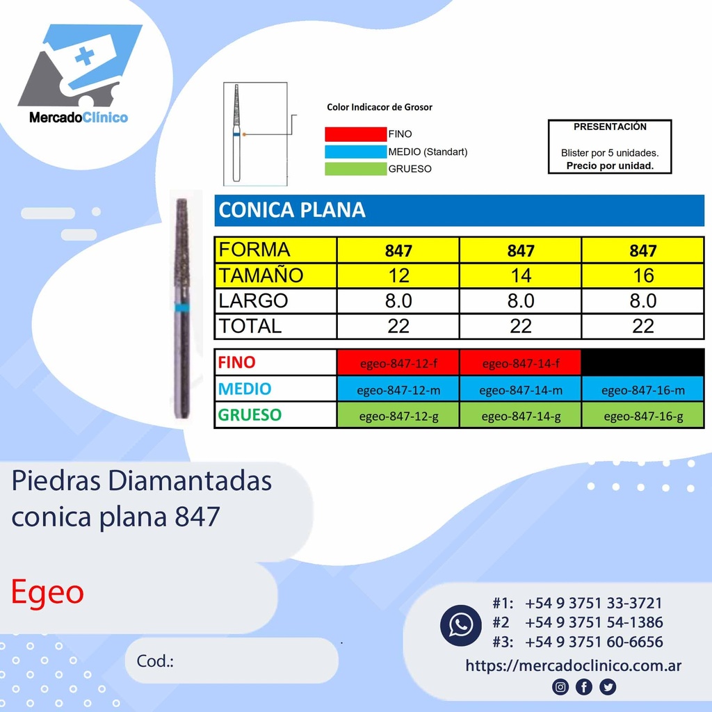 Piedras Diamantadas Cónica Plana 847 - X 5 UNIDADES - Egeo /  Smdent