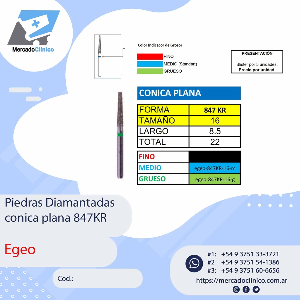 Piedras Diamantadas Cónica plana 847KR - Egeo /  Smdent