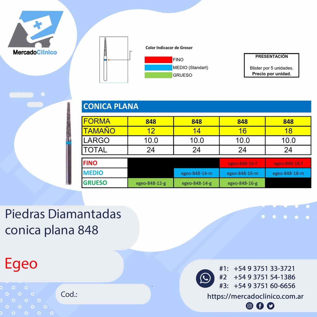 Piedras Diamantadas Cónica plana 848 - Egeo /  Smdent
