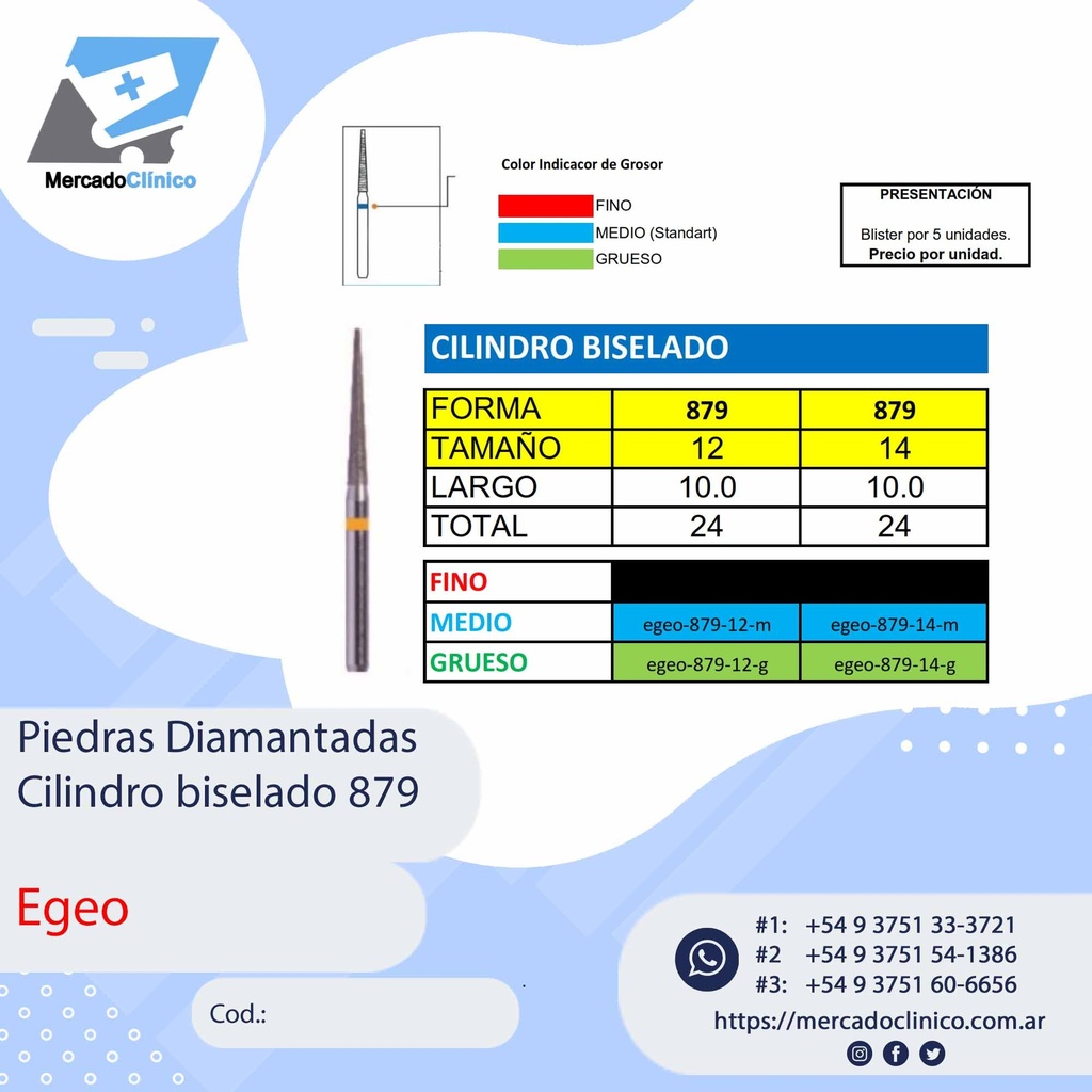 Piedras Diamantadas Cilindro Biselado 879 - X 5 UNIDADES - Egeo /  Smdent