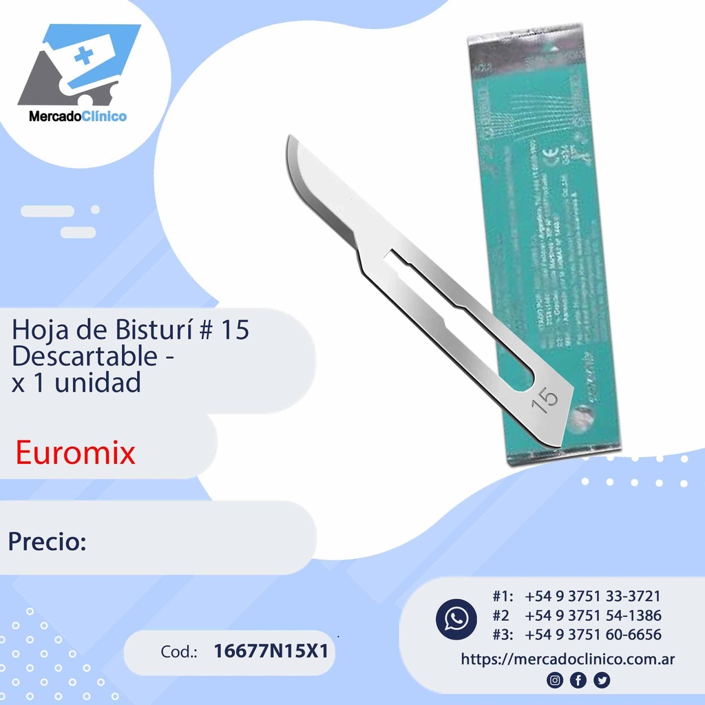 Hoja de Bisturi # 15 - descartable - x 1 unidad - Euromix