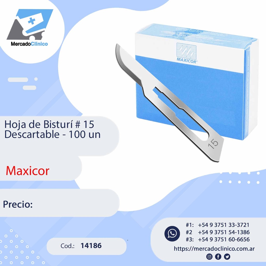 Hoja de Bisturi # 15 - descartable - 100 Unidades - MAXICOR